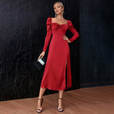 Robe col carré manches princesse taille moulante fente haute robe mi-longue robe de soirée